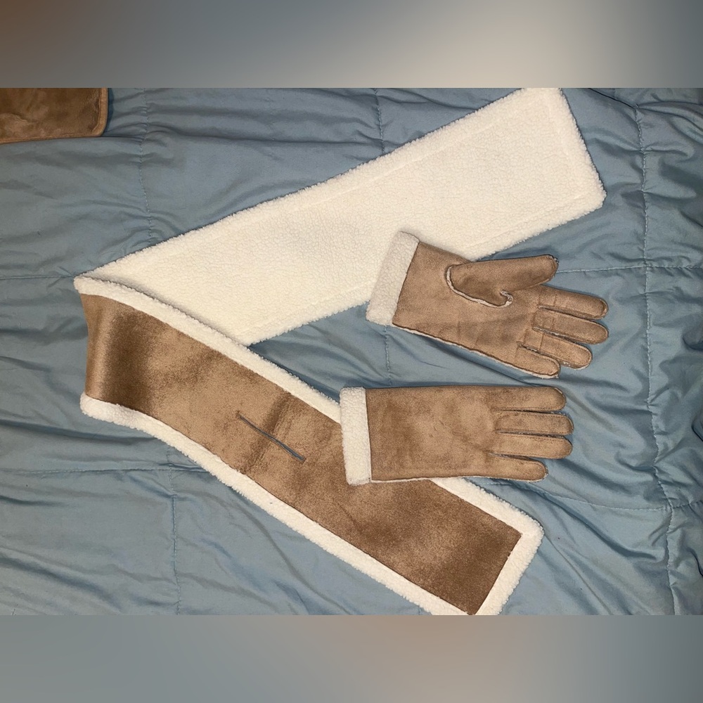 Brown and White Scarf and Glove Set